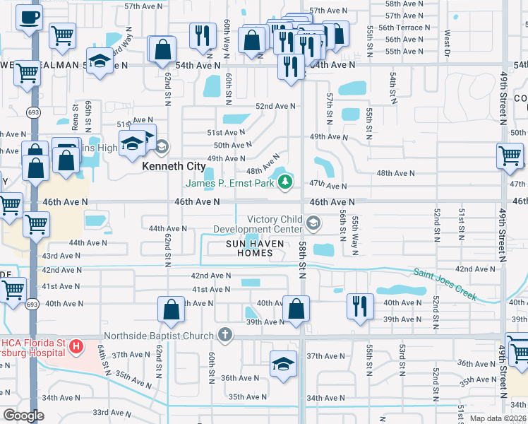 map of restaurants, bars, coffee shops, grocery stores, and more near 5911 45th Avenue North in St. Petersburg