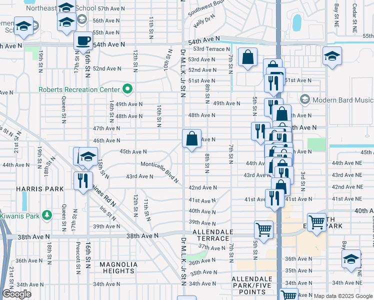 map of restaurants, bars, coffee shops, grocery stores, and more near 4501 Doctor Martin Luther King Junior Street North in St. Petersburg