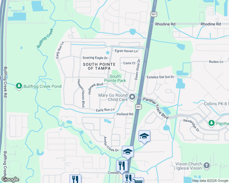 map of restaurants, bars, coffee shops, grocery stores, and more near 10515 Walker Vista Drive in Riverview