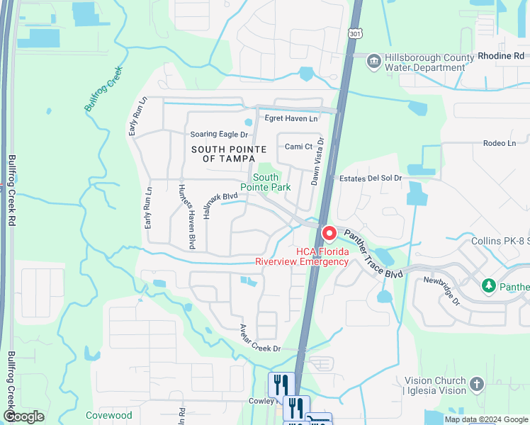 map of restaurants, bars, coffee shops, grocery stores, and more near 10515 Walker Vista Drive in Riverview