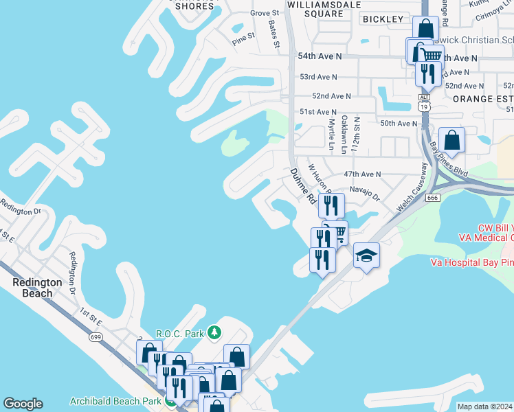 map of restaurants, bars, coffee shops, grocery stores, and more near 4750 Cove Circle in St. Petersburg