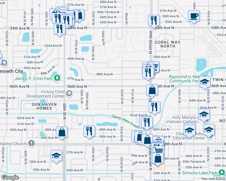 map of restaurants, bars, coffee shops, grocery stores, and more near 5263 45th Avenue North in Saint Petersburg