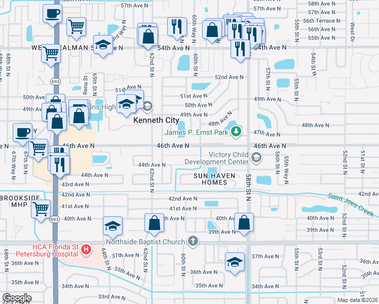 map of restaurants, bars, coffee shops, grocery stores, and more near 6061 45th Avenue North in Kenneth City