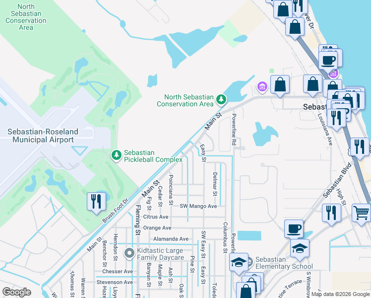 map of restaurants, bars, coffee shops, grocery stores, and more near 150 Main Street in Sebastian