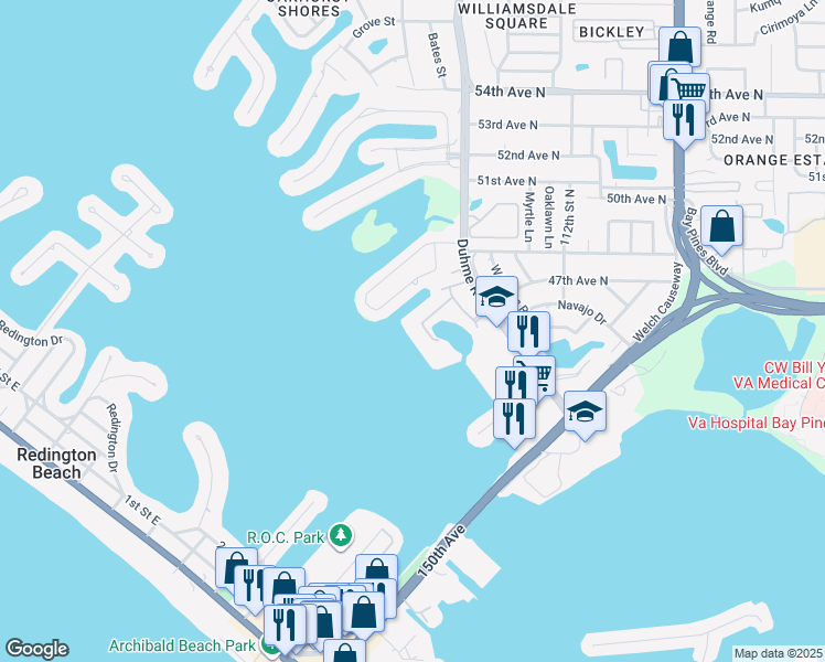 map of restaurants, bars, coffee shops, grocery stores, and more near 4750 Cove Circle in St. Petersburg