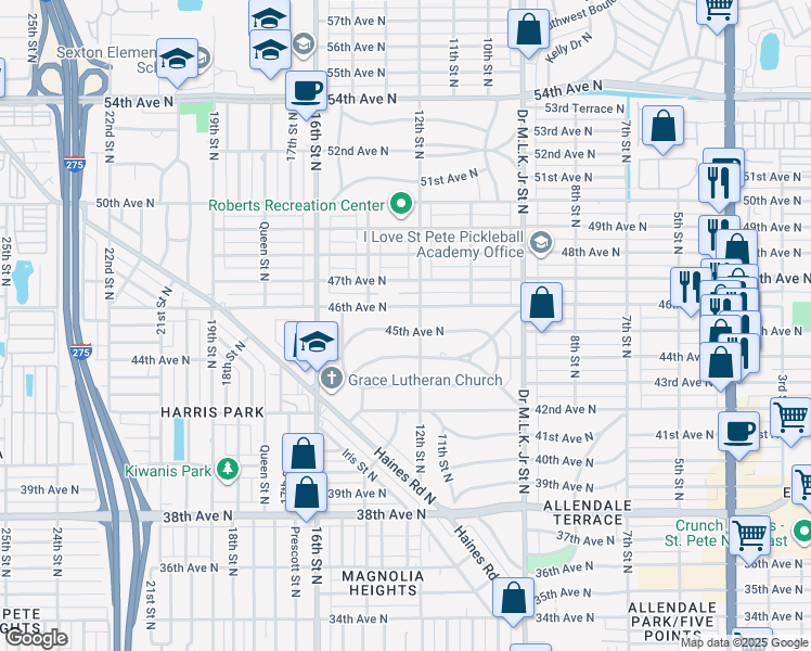 map of restaurants, bars, coffee shops, grocery stores, and more near 1219 45th Avenue North in Saint Petersburg