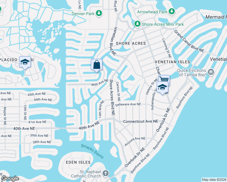 map of restaurants, bars, coffee shops, grocery stores, and more near 4400 Shore Acres Boulevard Northeast in St. Petersburg