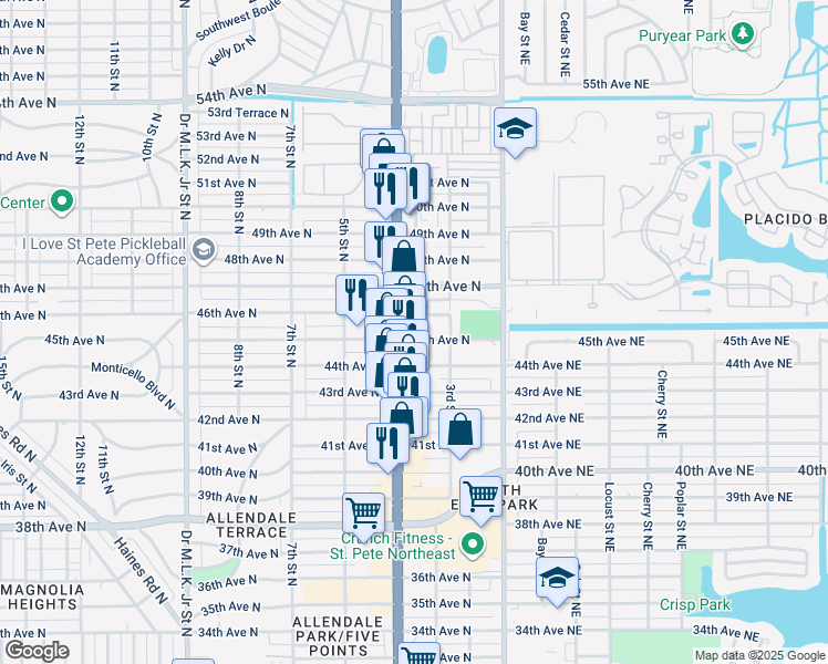 map of restaurants, bars, coffee shops, grocery stores, and more near 379 45th Avenue North in St. Petersburg