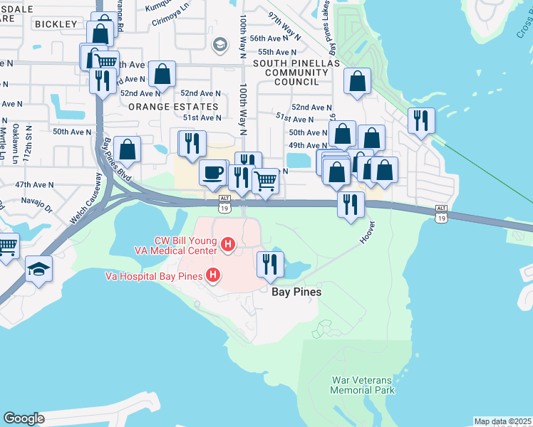 map of restaurants, bars, coffee shops, grocery stores, and more near 10000 Bay Pines Boulevard in Bay Pines