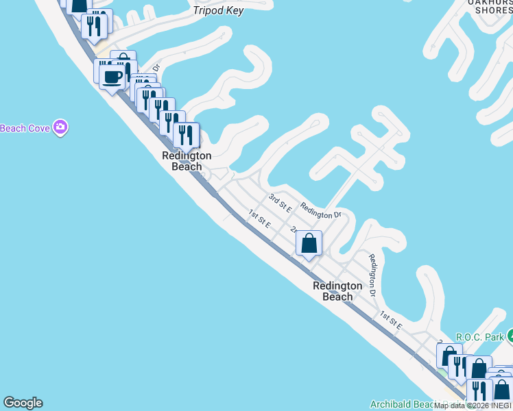 map of restaurants, bars, coffee shops, grocery stores, and more near 101 163rd Avenue in Redington Beach