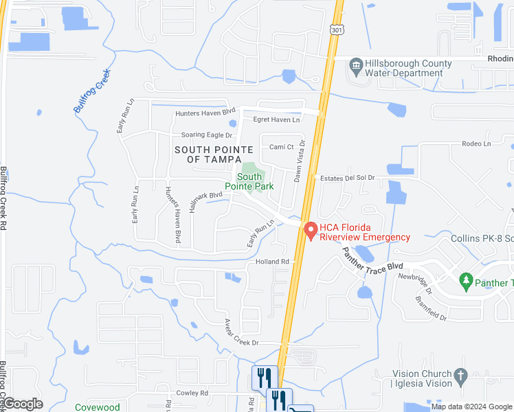 map of restaurants, bars, coffee shops, grocery stores, and more near 10530 Walker Vista Drive in Riverview