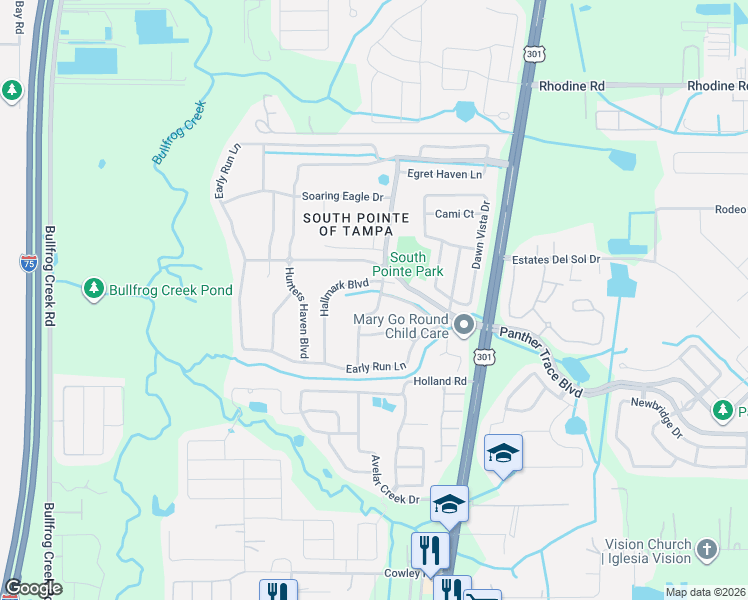 map of restaurants, bars, coffee shops, grocery stores, and more near 12517 Midpointe Drive in Riverview