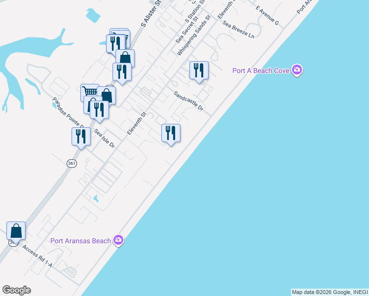map of restaurants, bars, coffee shops, grocery stores, and more near 2016 On The Beach Drive in Port Aransas
