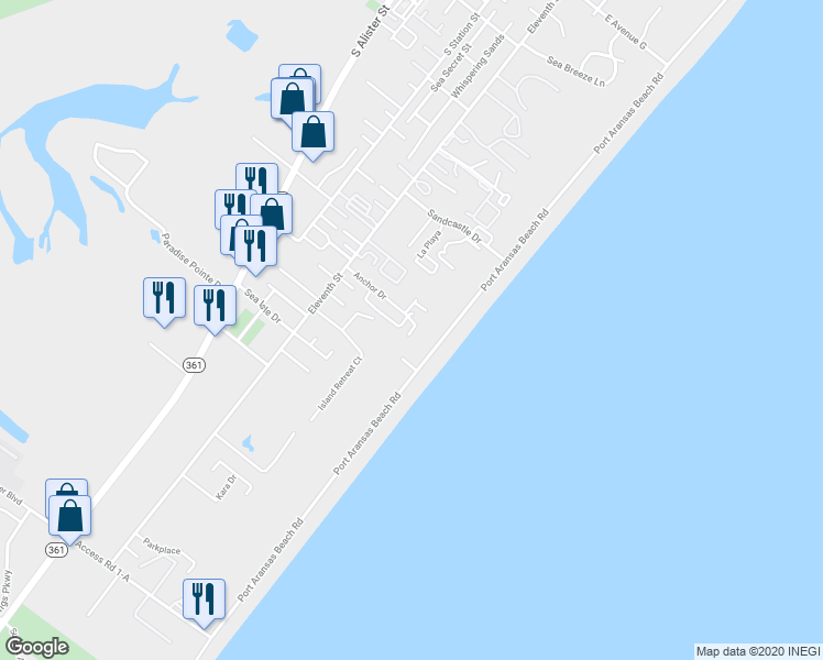 map of restaurants, bars, coffee shops, grocery stores, and more near 3316 On The Beach Drive in Port Aransas