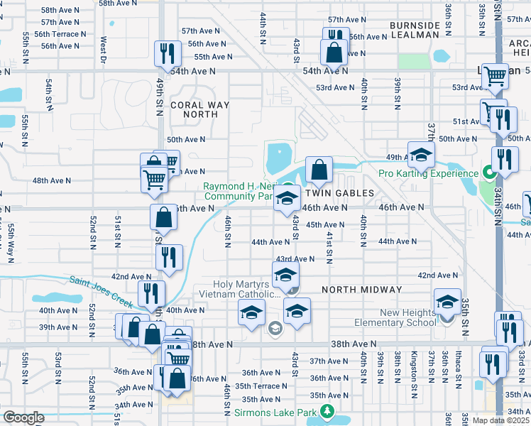 map of restaurants, bars, coffee shops, grocery stores, and more near 4510 44th Street North in St. Petersburg