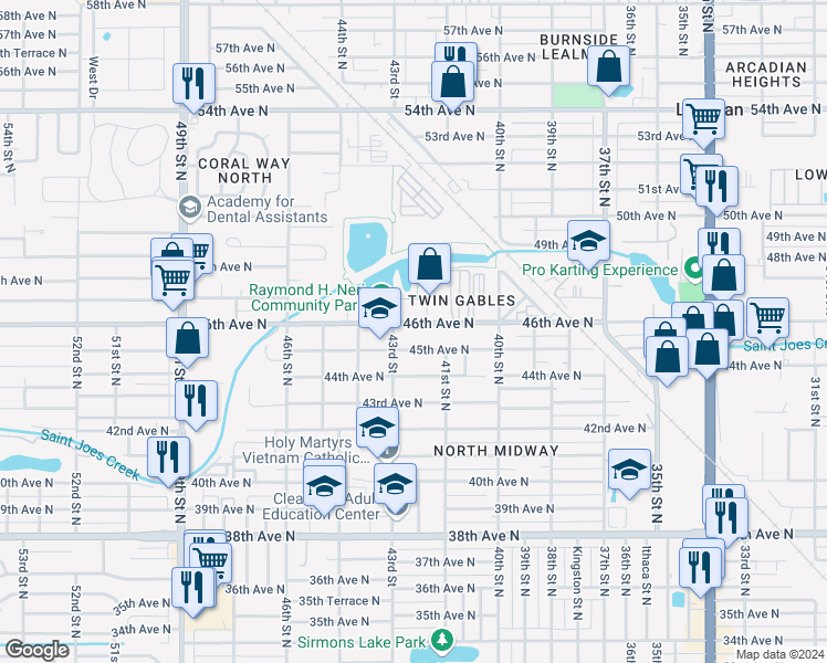 map of restaurants, bars, coffee shops, grocery stores, and more near 4250 46th Avenue North in Saint Petersburg