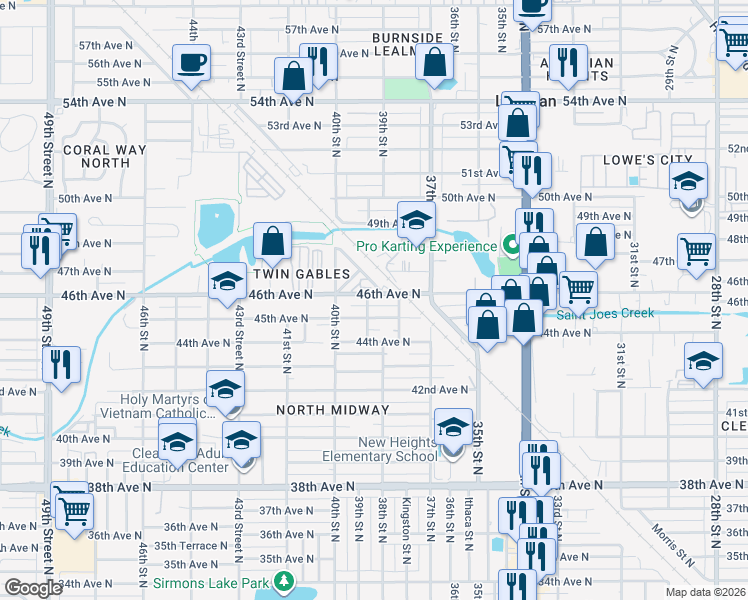 map of restaurants, bars, coffee shops, grocery stores, and more near 3885 45th Avenue North in St. Petersburg