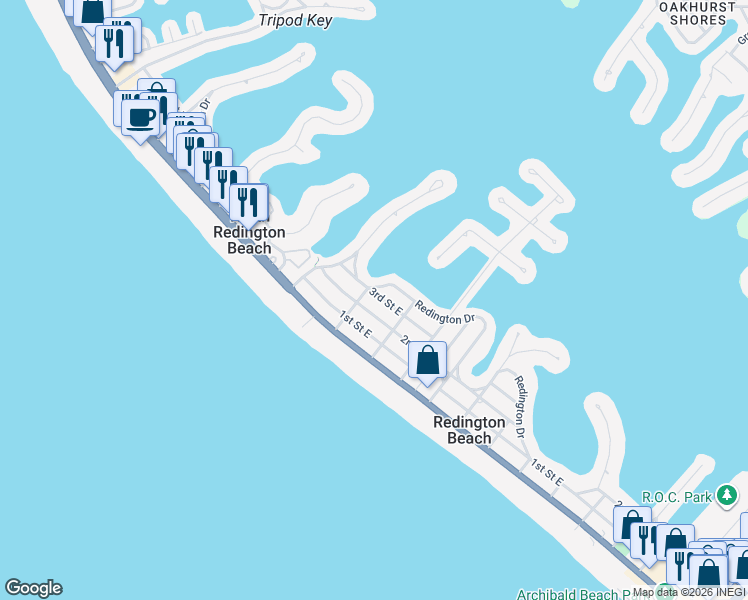 map of restaurants, bars, coffee shops, grocery stores, and more near 16207 2nd Street East in Redington Beach