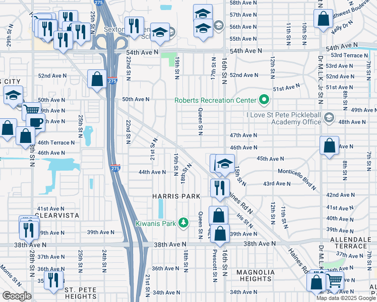 map of restaurants, bars, coffee shops, grocery stores, and more near 4465 Haines Road North in St. Petersburg
