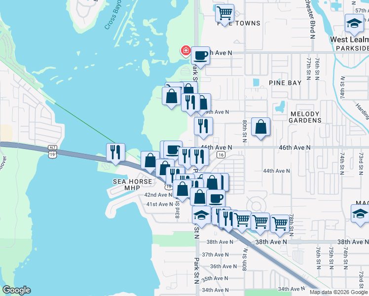 map of restaurants, bars, coffee shops, grocery stores, and more near 4600 Park Street North in Saint Petersburg