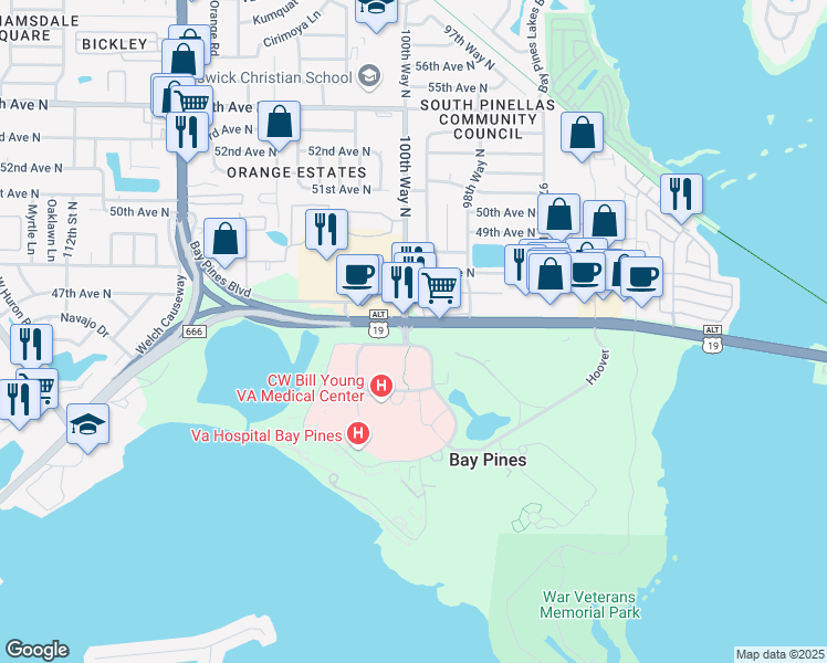 map of restaurants, bars, coffee shops, grocery stores, and more near 10000 Bay Pines Boulevard in Bay Pines