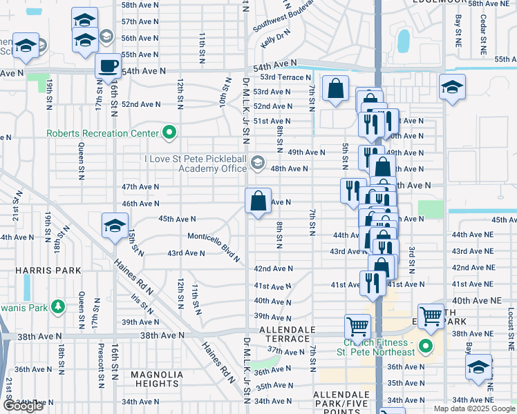 map of restaurants, bars, coffee shops, grocery stores, and more near 868 46th Avenue North in St. Petersburg