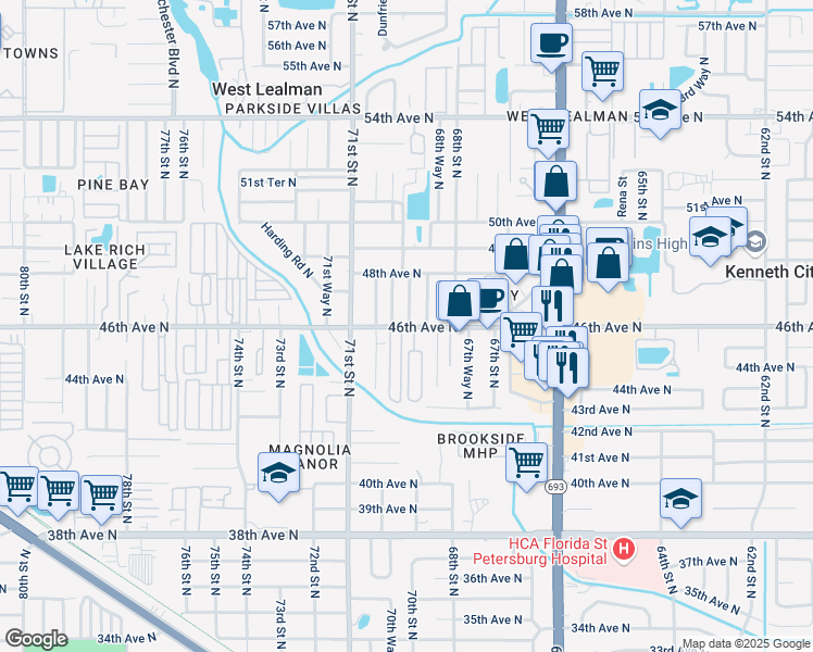 map of restaurants, bars, coffee shops, grocery stores, and more near 6880 46th Avenue North in St. Petersburg