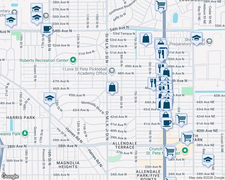 map of restaurants, bars, coffee shops, grocery stores, and more near 868 46th Avenue North in St. Petersburg