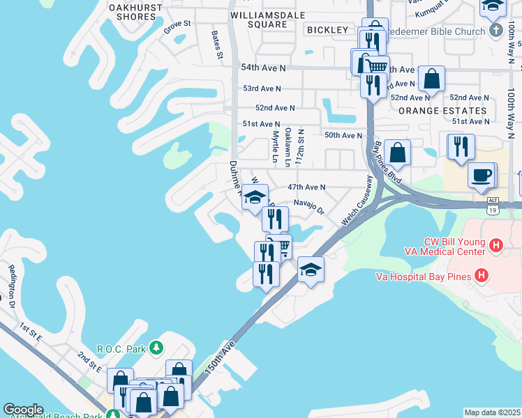 map of restaurants, bars, coffee shops, grocery stores, and more near 4565 Duhme Road in St. Petersburg