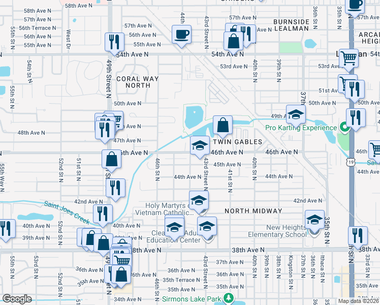 map of restaurants, bars, coffee shops, grocery stores, and more near 4510 44th Street North in St. Petersburg