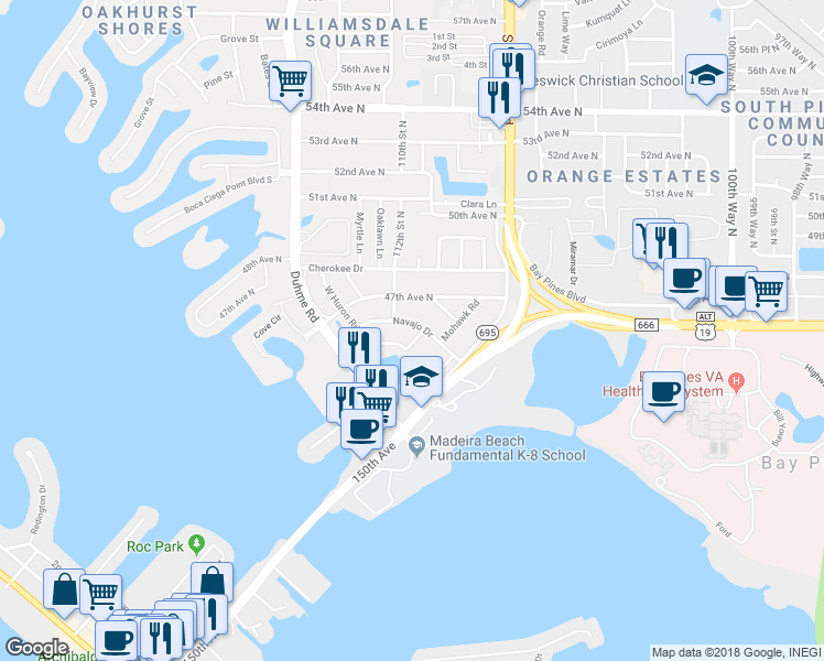 map of restaurants, bars, coffee shops, grocery stores, and more near 10972 Navajo Drive in Saint Petersburg