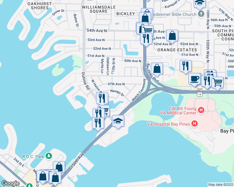 map of restaurants, bars, coffee shops, grocery stores, and more near 10972 Navajo Drive in Saint Petersburg