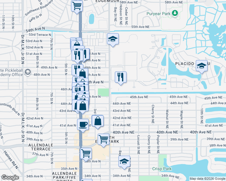 map of restaurants, bars, coffee shops, grocery stores, and more near 135 47th Avenue Northeast in St. Petersburg