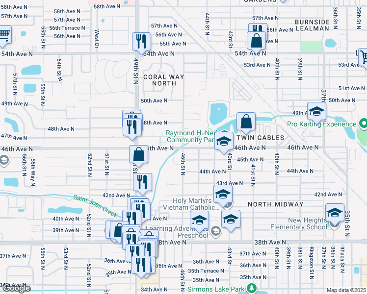 map of restaurants, bars, coffee shops, grocery stores, and more near 4600 47th Avenue North in St. Petersburg