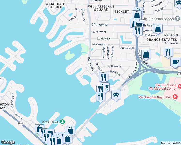 map of restaurants, bars, coffee shops, grocery stores, and more near 4650 Duhme Road in St. Petersburg