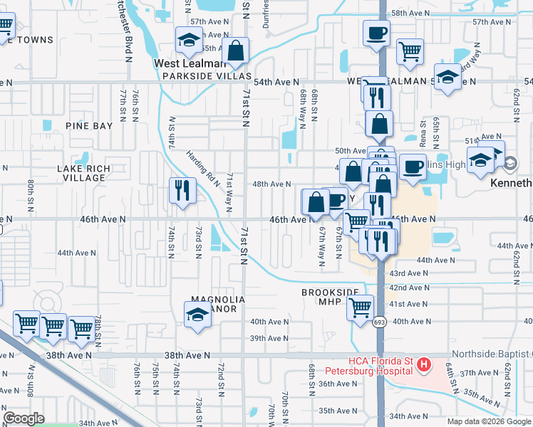 map of restaurants, bars, coffee shops, grocery stores, and more near 4640 69th Street in St. Petersburg