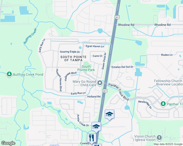 map of restaurants, bars, coffee shops, grocery stores, and more near 12514 Dawn Vista Drive in Riverview