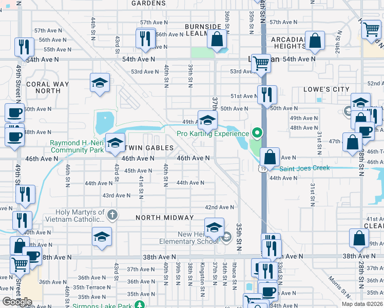 map of restaurants, bars, coffee shops, grocery stores, and more near 4631 Lown Street North in St. Petersburg