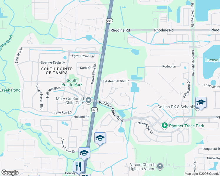 map of restaurants, bars, coffee shops, grocery stores, and more near 12224 Foxmoor Peak Drive in Riverview