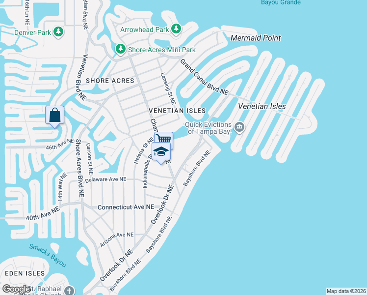 map of restaurants, bars, coffee shops, grocery stores, and more near 4530 Overlook Drive Northeast in St. Petersburg