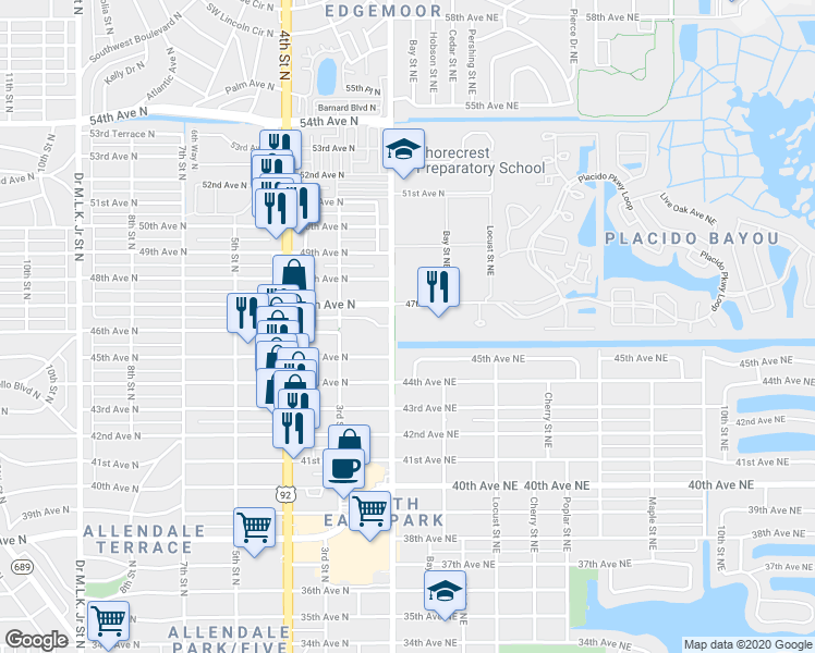 map of restaurants, bars, coffee shops, grocery stores, and more near 135 47th Avenue Northeast in St. Petersburg