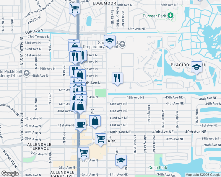 map of restaurants, bars, coffee shops, grocery stores, and more near 4651 1st Street Northeast in St. Petersburg