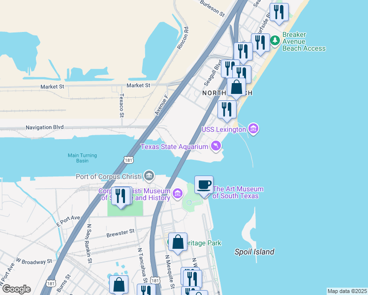 map of restaurants, bars, coffee shops, grocery stores, and more near 2110 Surfside Boulevard in Corpus Christi