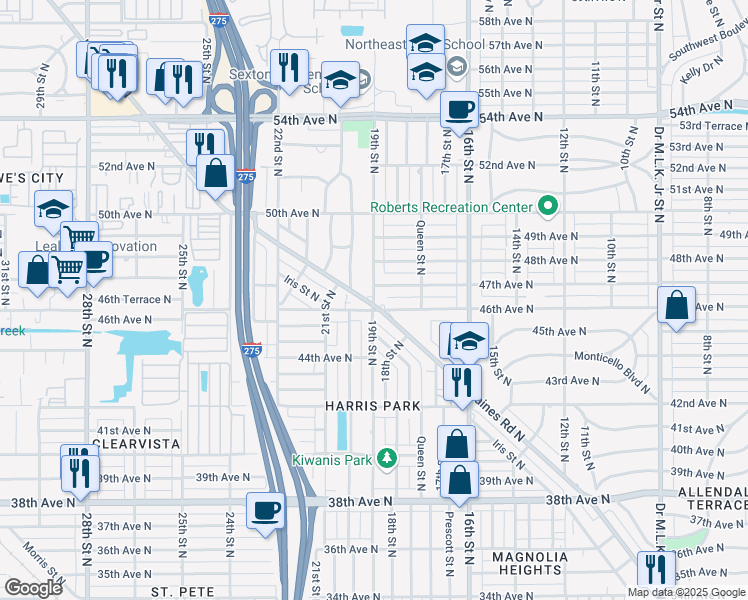 map of restaurants, bars, coffee shops, grocery stores, and more near 19th Street North in St. Petersburg
