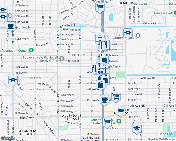 map of restaurants, bars, coffee shops, grocery stores, and more near 510 47th Avenue North in St. Petersburg