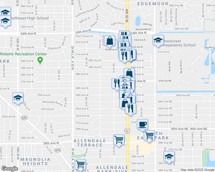 map of restaurants, bars, coffee shops, grocery stores, and more near 510 47th Avenue North in St. Petersburg