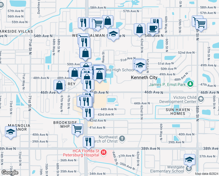 map of restaurants, bars, coffee shops, grocery stores, and more near 6411 46th Avenue North in Kenneth City