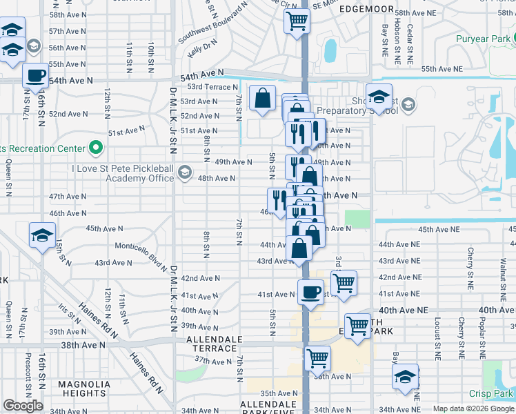 map of restaurants, bars, coffee shops, grocery stores, and more near 510 47th Avenue North in St. Petersburg