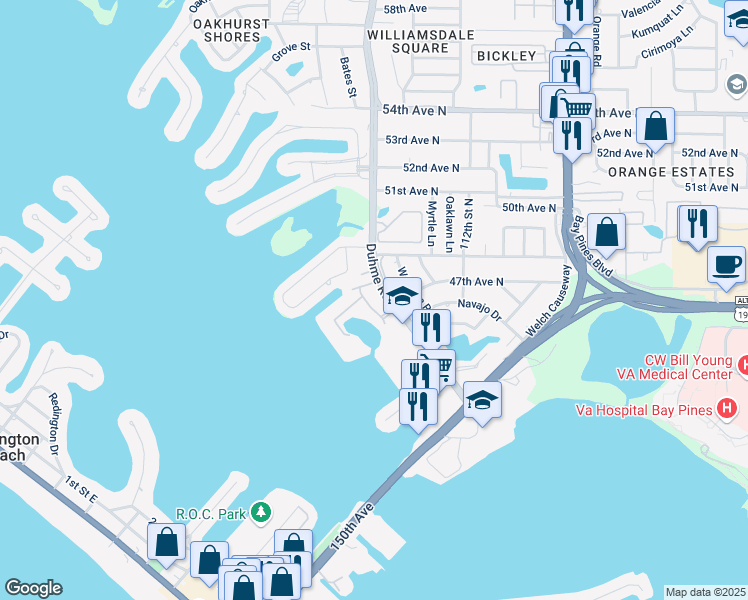 map of restaurants, bars, coffee shops, grocery stores, and more near 4650 Duhme Road in St. Petersburg