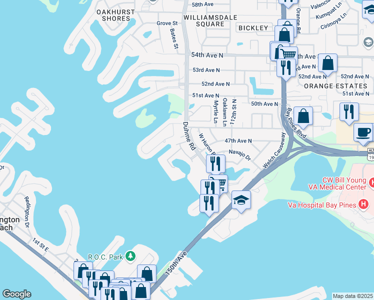 map of restaurants, bars, coffee shops, grocery stores, and more near 4650 Cove Circle in St. Petersburg